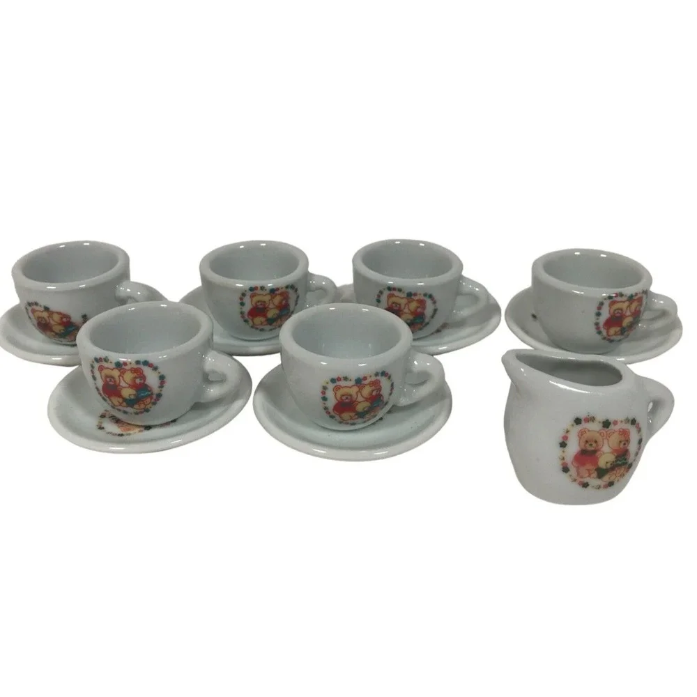 Vintage Miniature Ceramic Teddy Bear Tea Set 13pc Dollhouse Cups Saucers Creamer